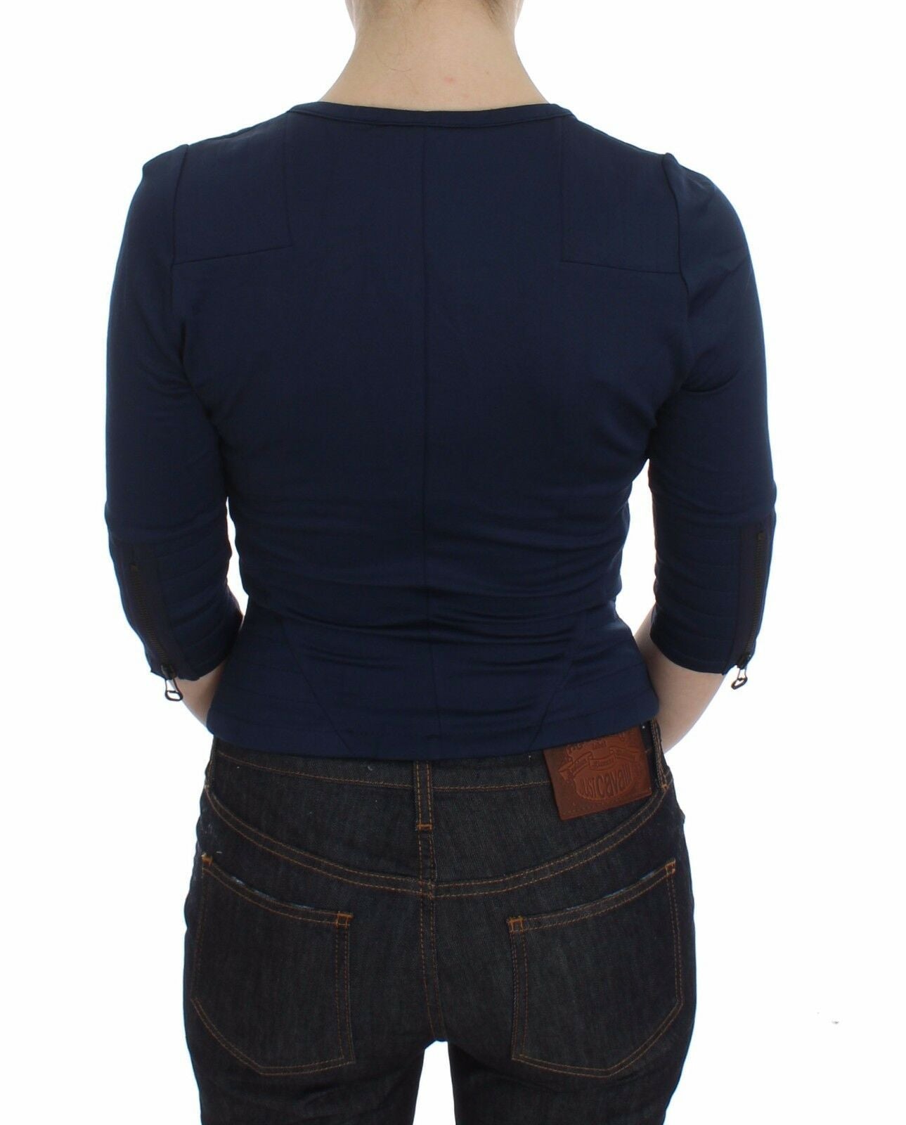 Blue cotton top with deep scoop neck and zip closure