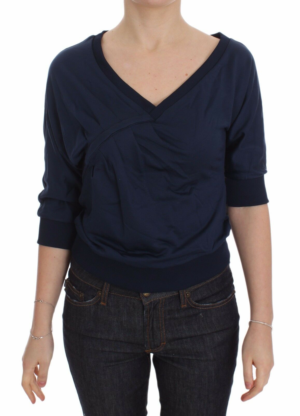 Exte Blaues Baumwolltop Pullover mit tiefem V-Ausschnitt Frauen Pullover