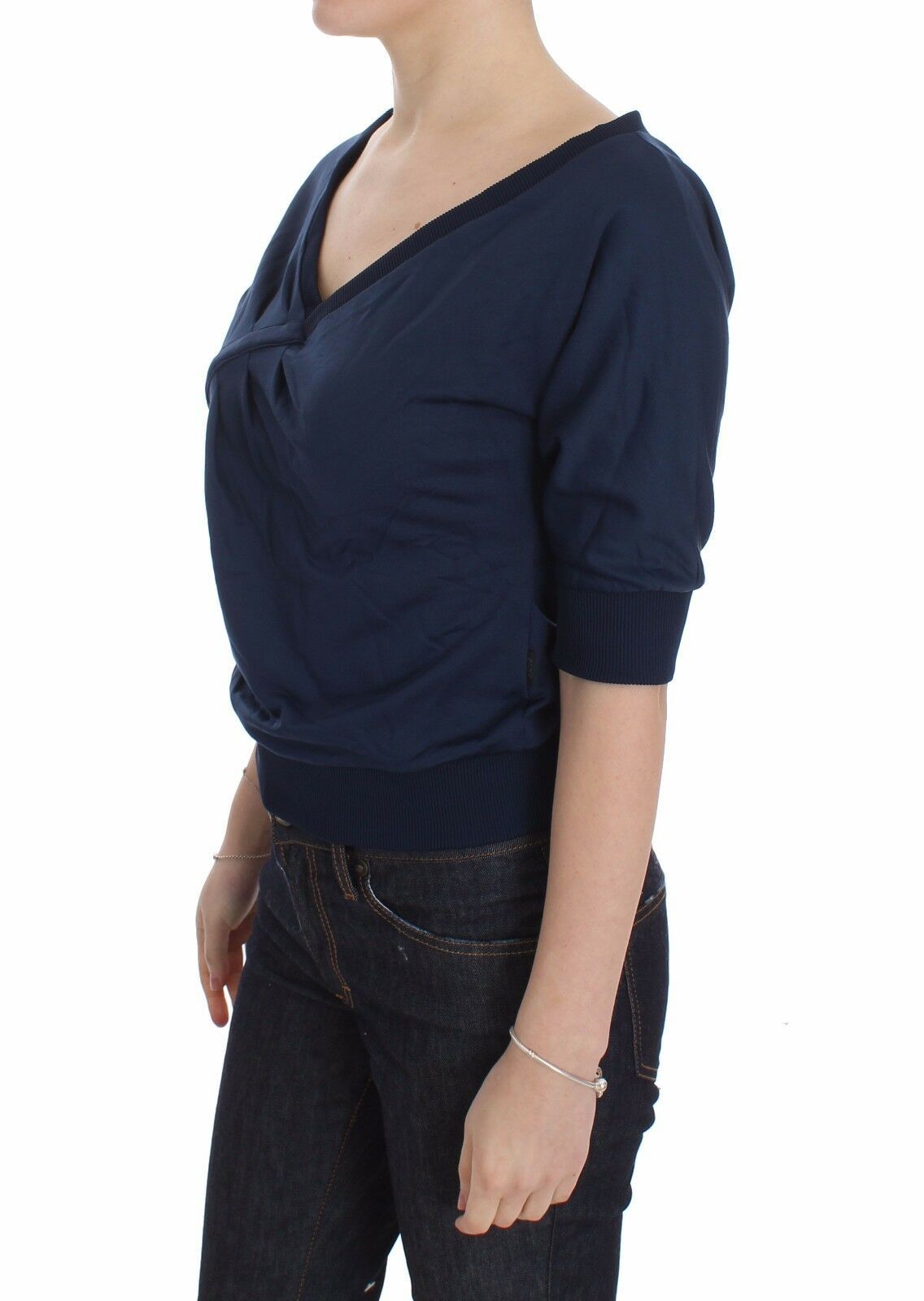 Exte Blaues Baumwolltop Pullover mit tiefem V-Ausschnitt Frauen Pullover