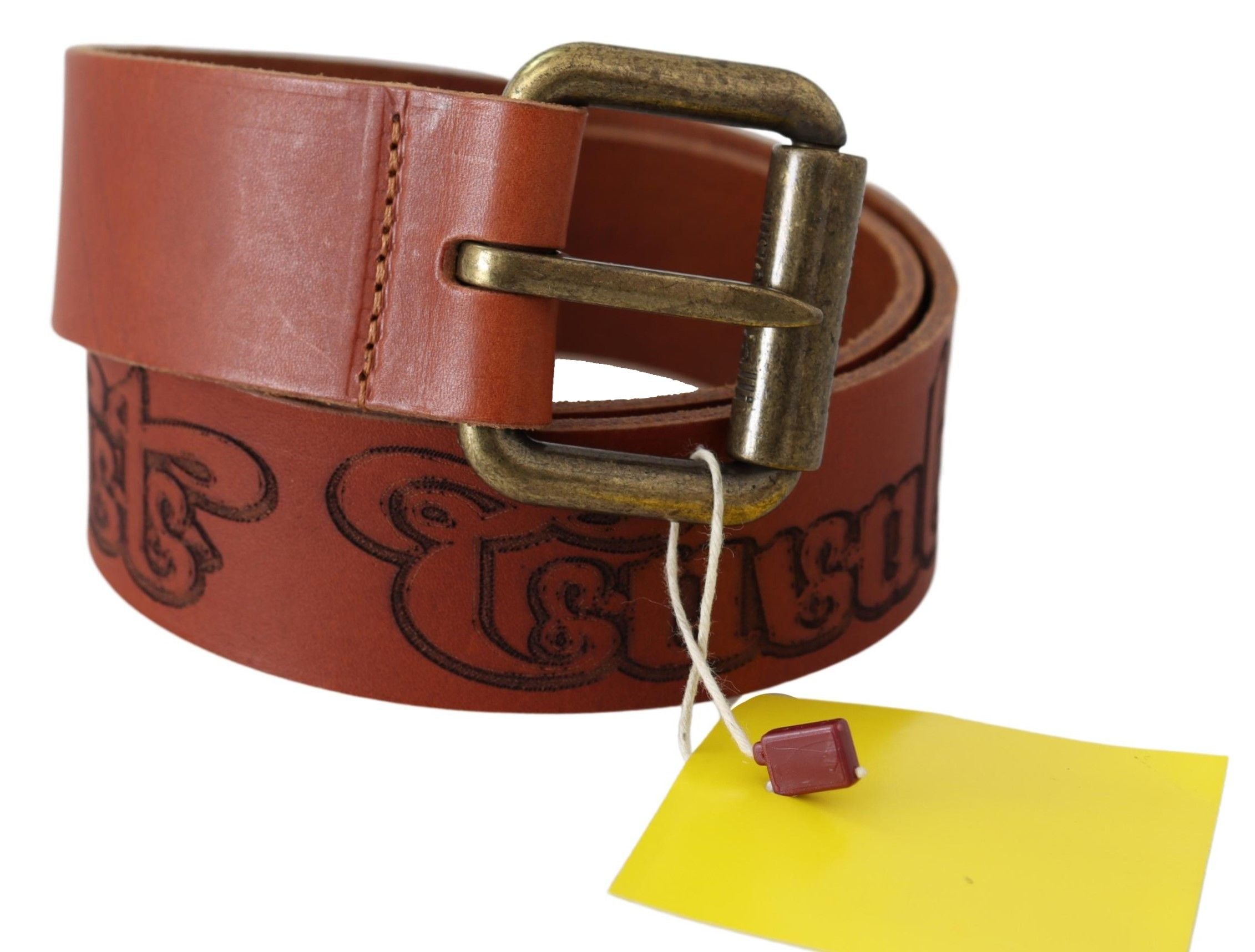 Just Cavalli Brauner Leder Logo Bronze Rustikale Metallschnalle Gürtel