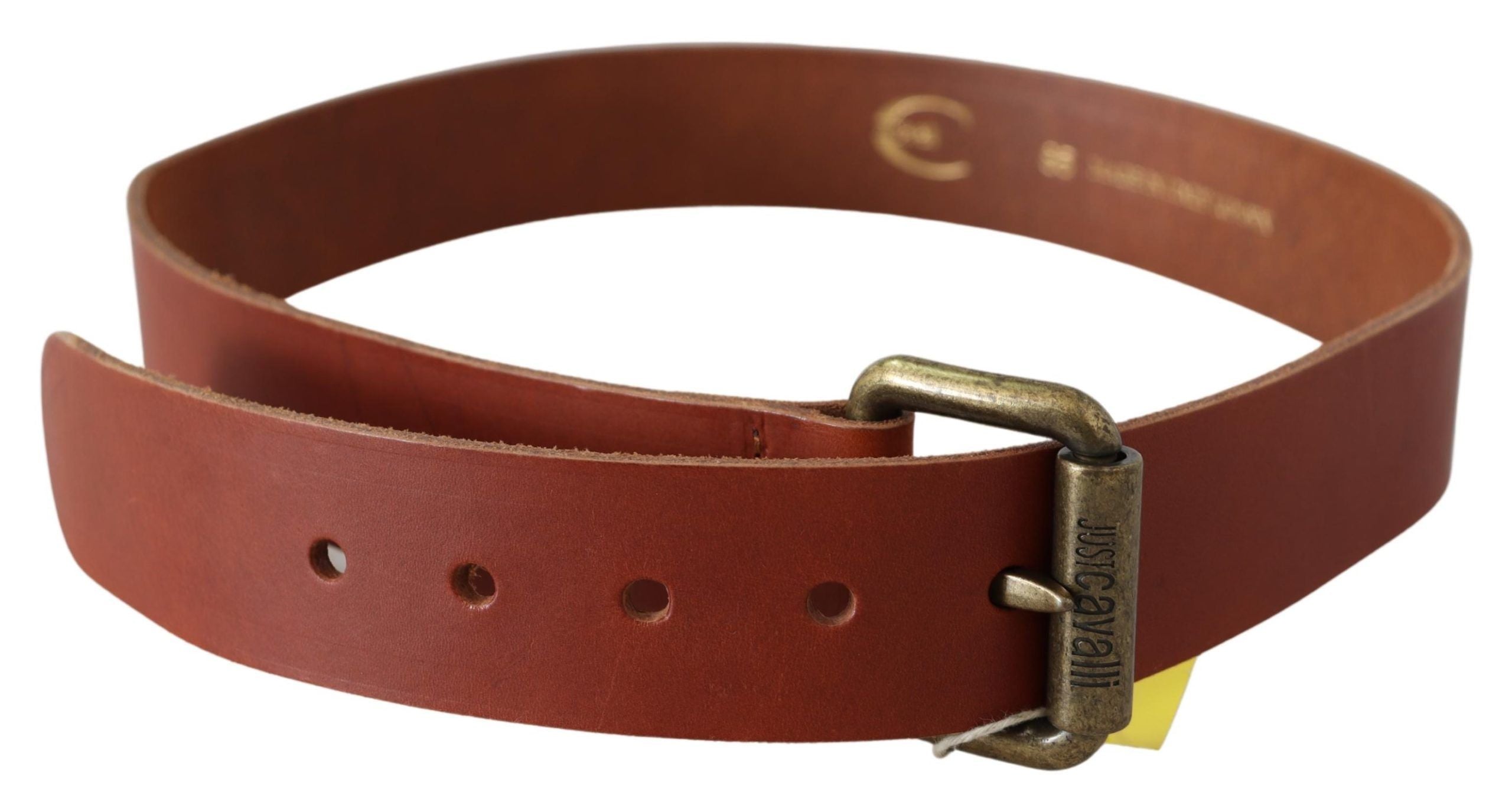 Just Cavalli Brauner Leder Logo Bronze Rustikale Metallschnalle Gürtel
