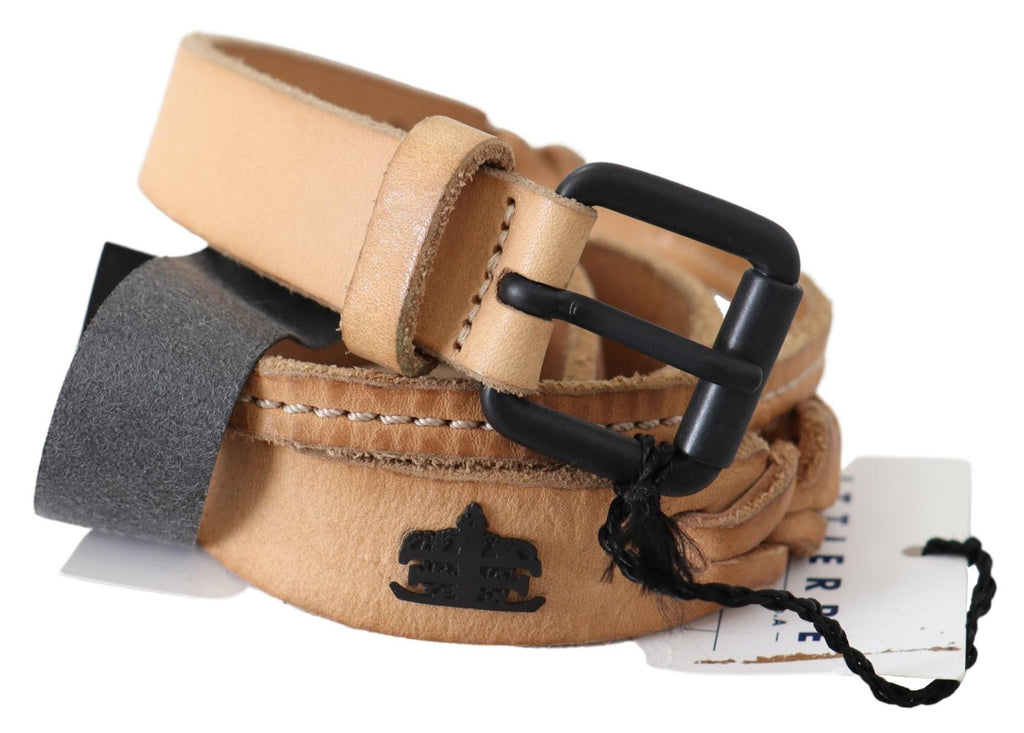 Scervino Street Light Brown Slim Leather Belt with Black Logo Buckle
