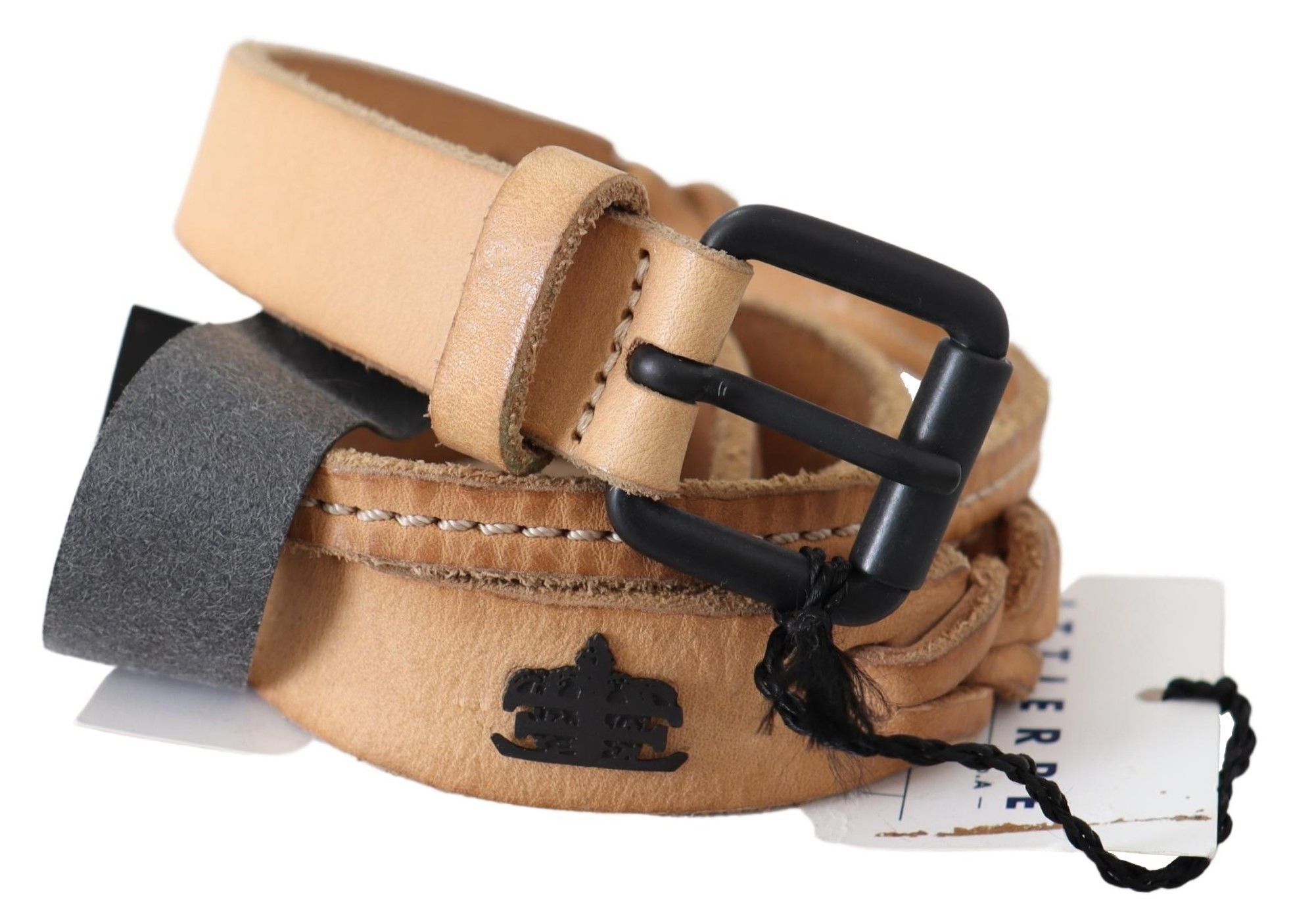 Scervino Street Light Brown Slim Leather Belt with Black Logo Buckle