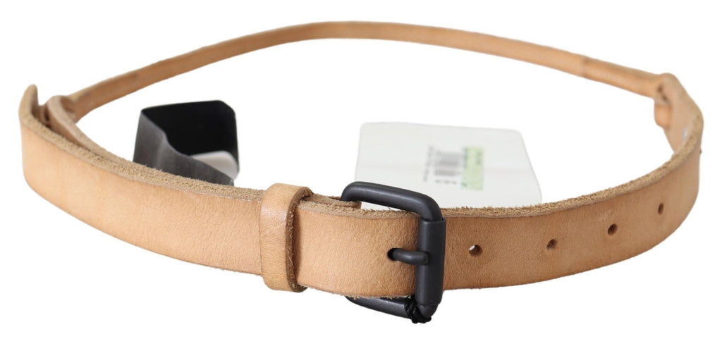Scervino Street Light Brown Slim Leather Belt with Black Logo Buckle