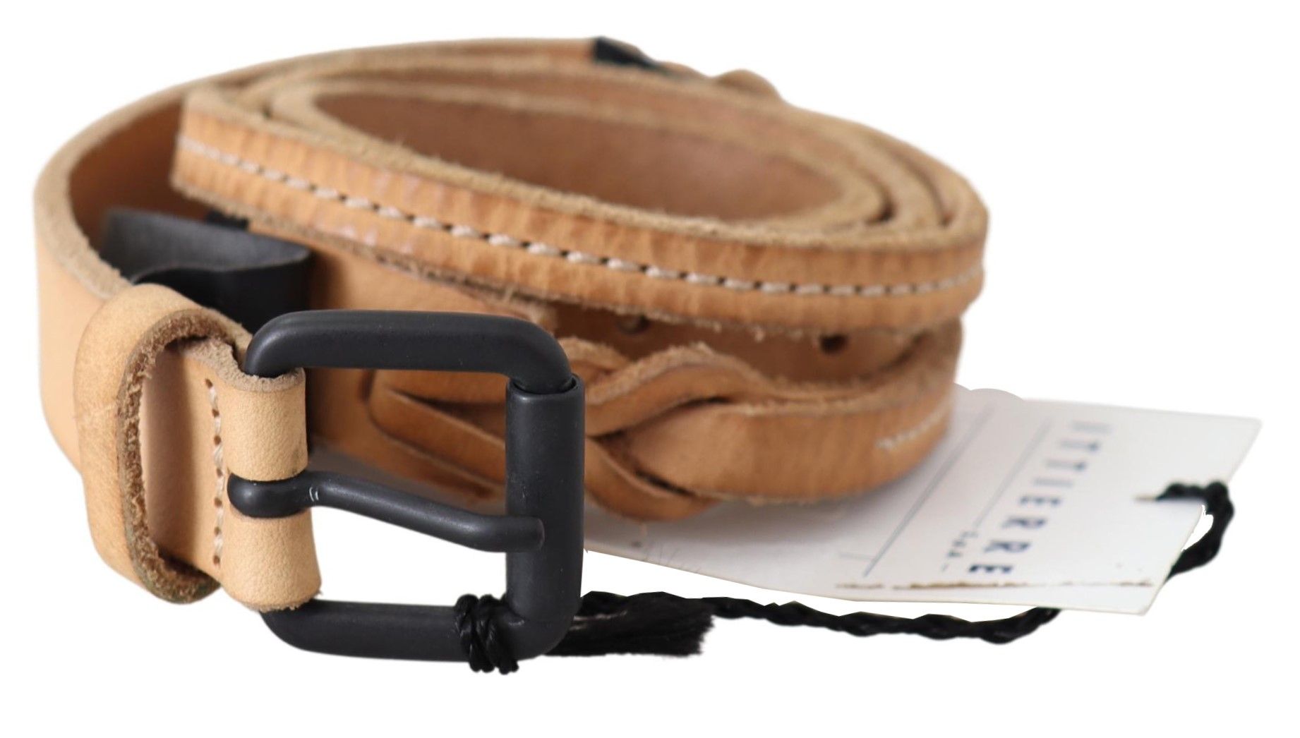 Scervino Street Light Brown Slim Leather Belt with Black Logo Buckle