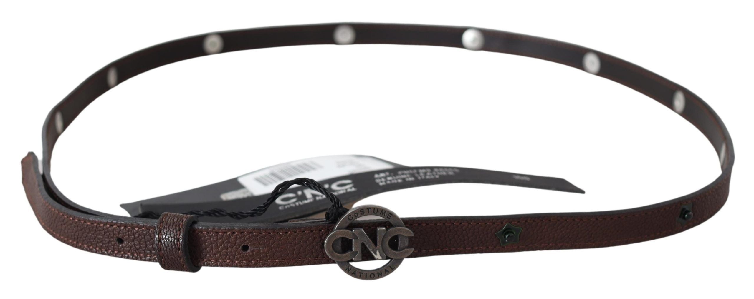 Costume National Brauner Skinny Leder Gürtel mit runder Logoschnalle