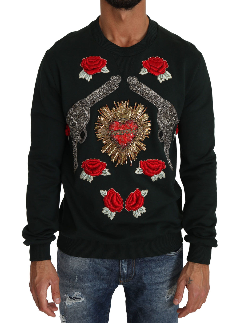 Dolce & Gabbana Green Crystal Heart Roses Gun Pullover