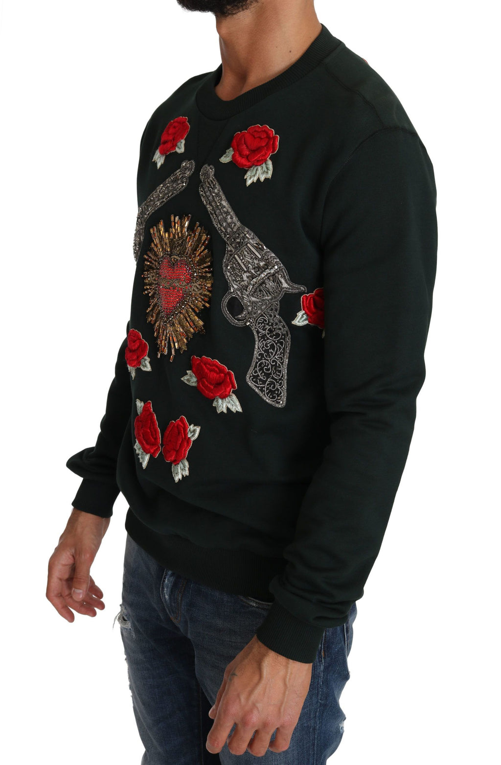 Dolce & Gabbana Green Crystal Heart Roses Gun Pullover