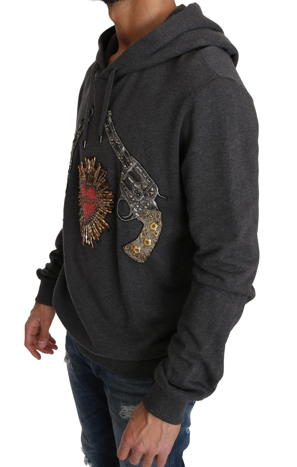 Dolce & Gabbana Grauer Pullover mit Kapuze und rotem Kristallherz Gun