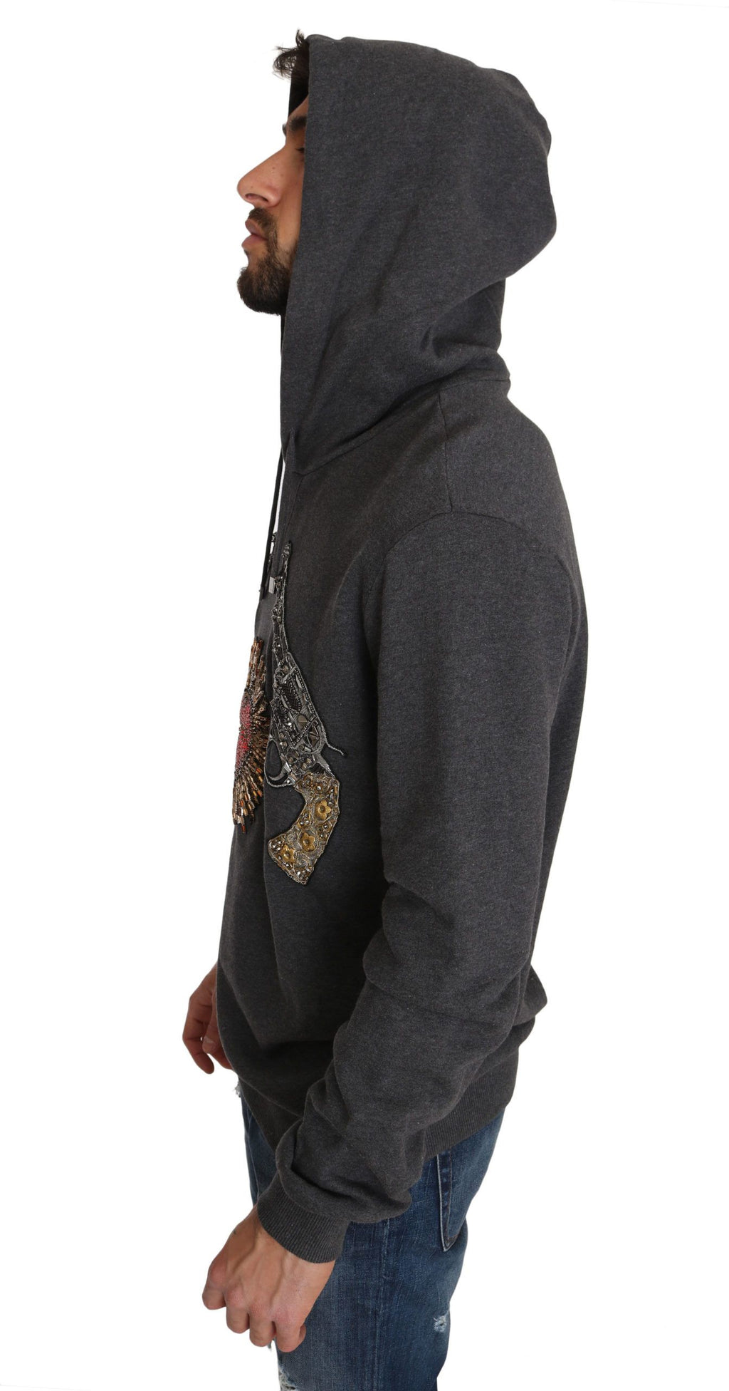 Dolce & Gabbana Grauer Pullover mit Kapuze und rotem Kristallherz Gun
