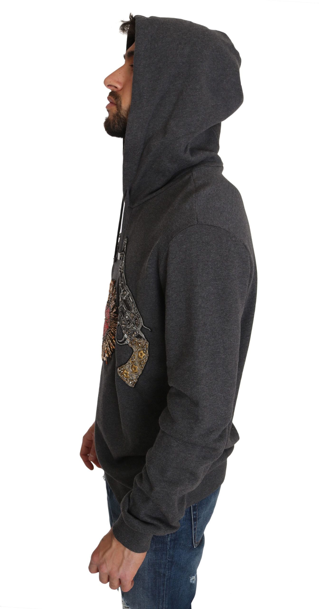 Dolce & Gabbana Grauer Pullover mit Kapuze und rotem Kristallherz Gun