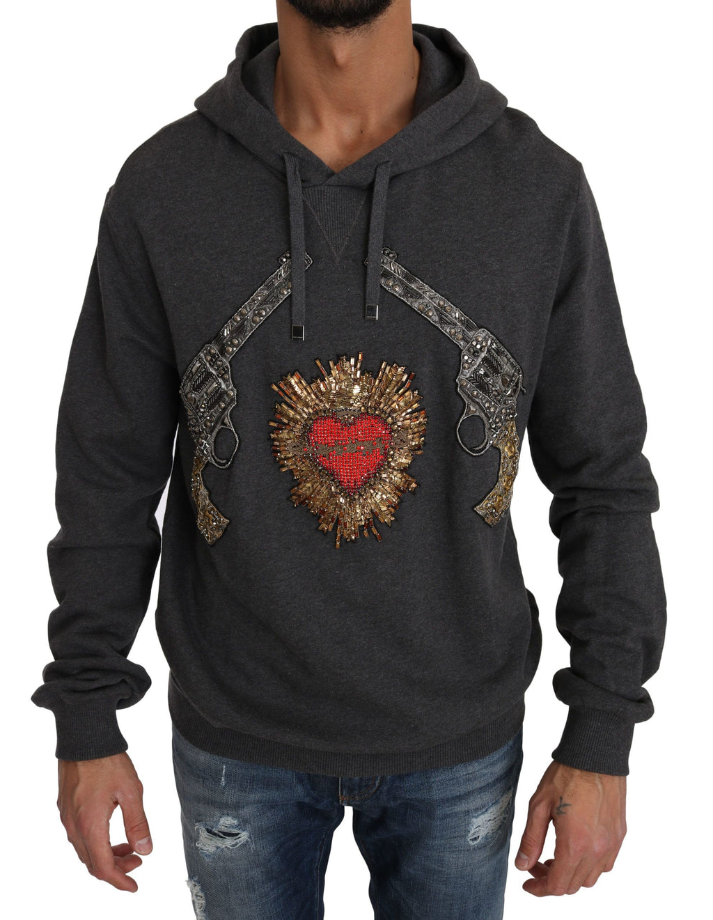 Dolce & Gabbana Grauer Pullover mit Kapuze und rotem Kristallherz Gun