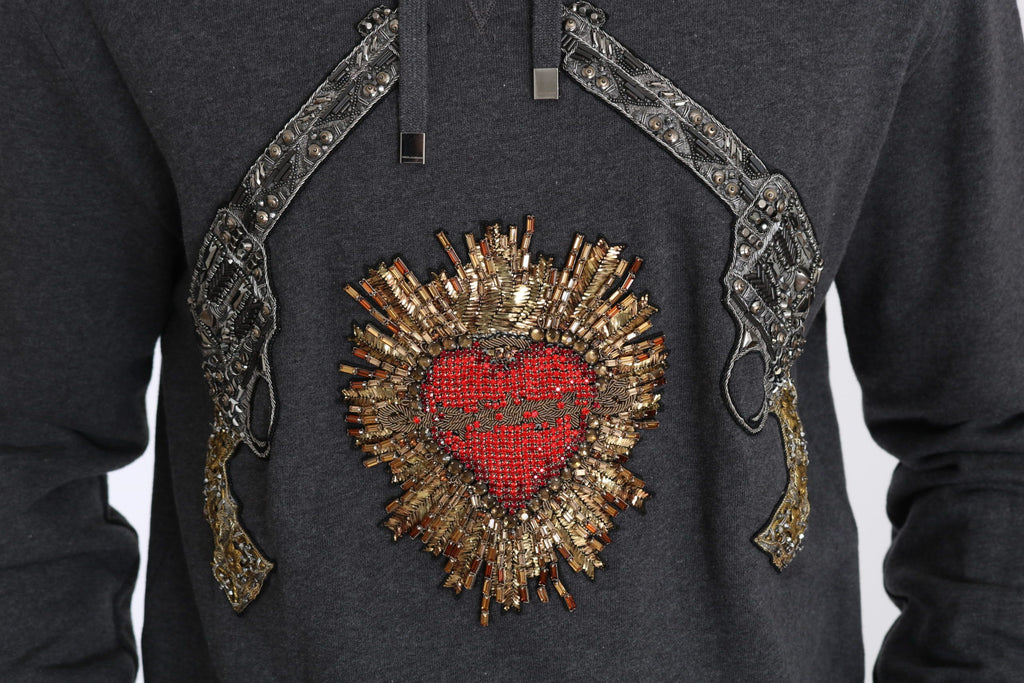 Dolce & Gabbana Grauer Pullover mit Kapuze und rotem Kristallherz Gun
