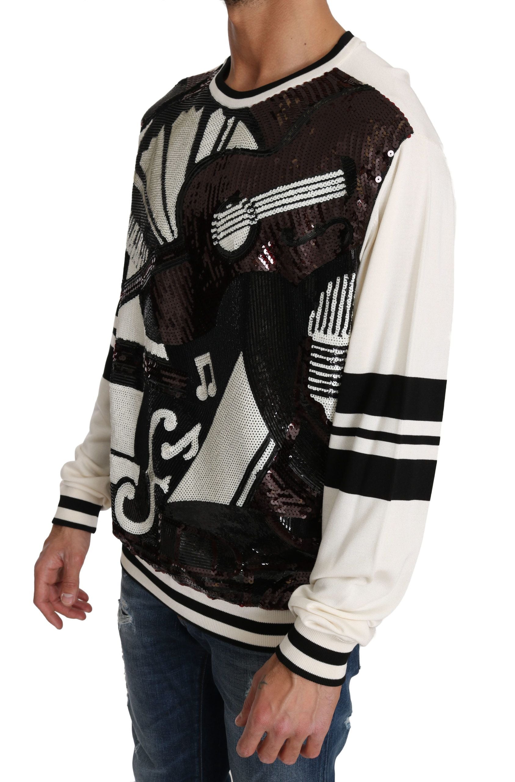 Dolce & Gabbana Weißer Jazz Pailletten-Gitarren-Pullover Top Pullover