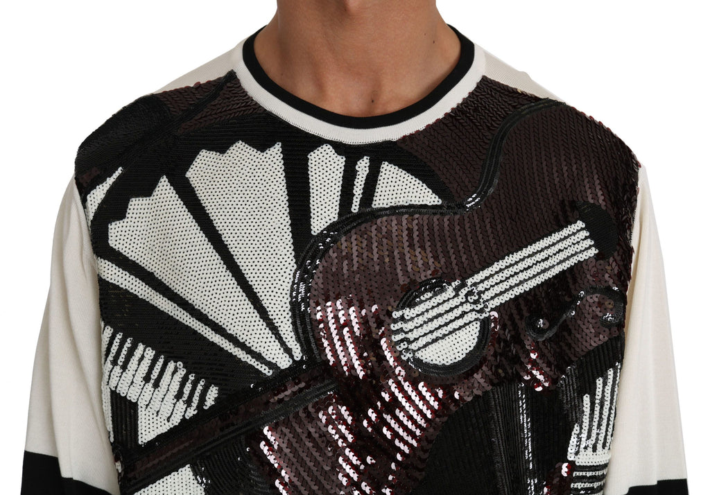 Dolce & Gabbana Weißer Jazz Pailletten-Gitarren-Pullover Top Pullover