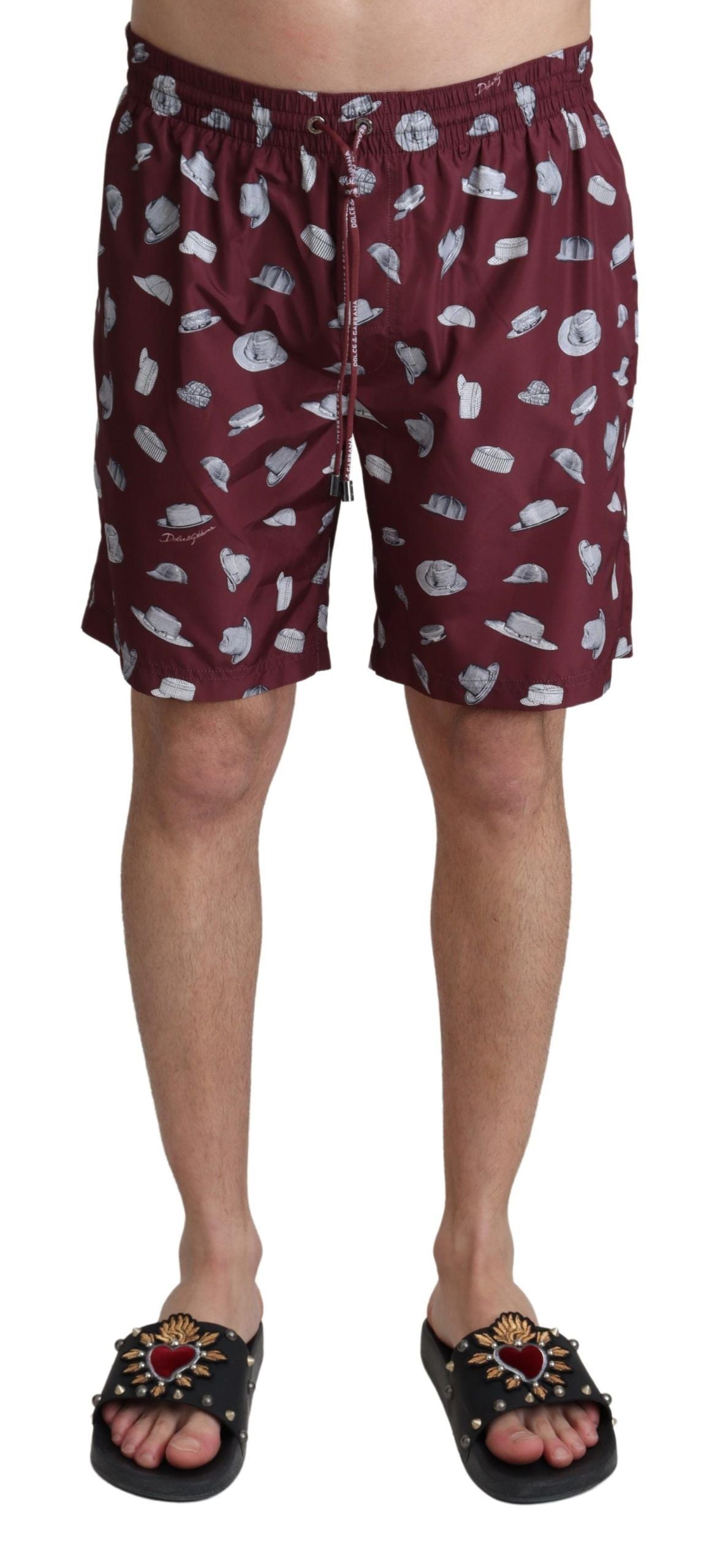 Dolce & Gabbana Maroon Hats Print Beachwear Swim Shorts