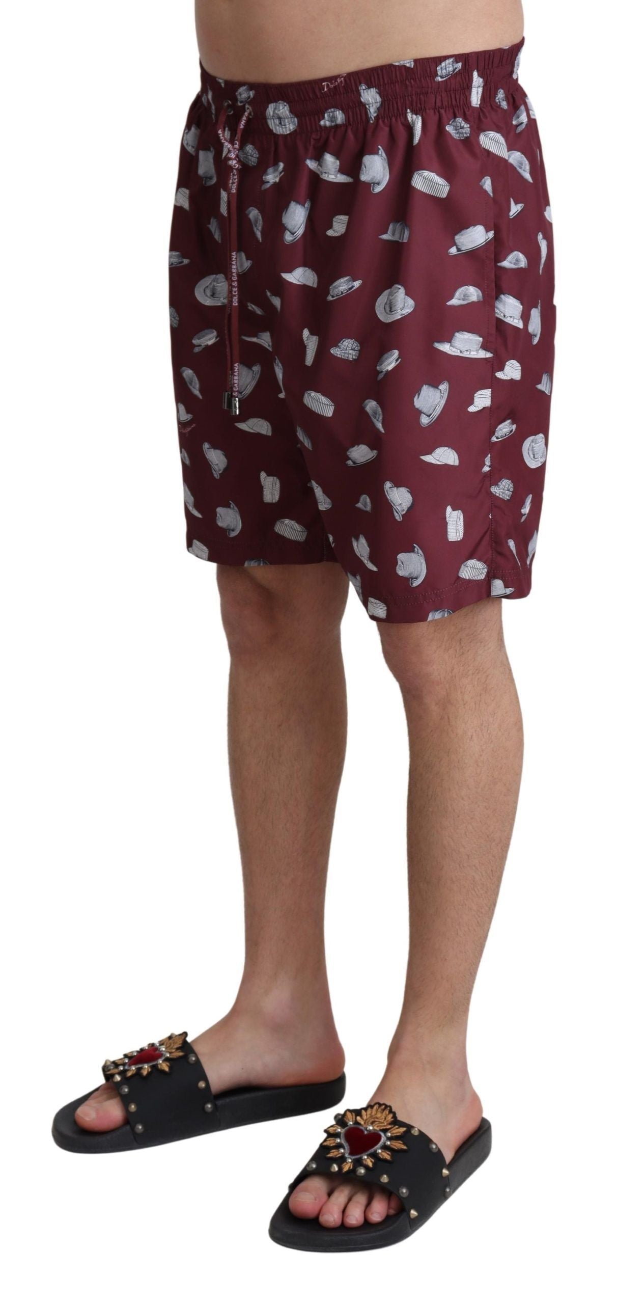 Dolce & Gabbana Maroon Hats Print Beachwear Swim Shorts