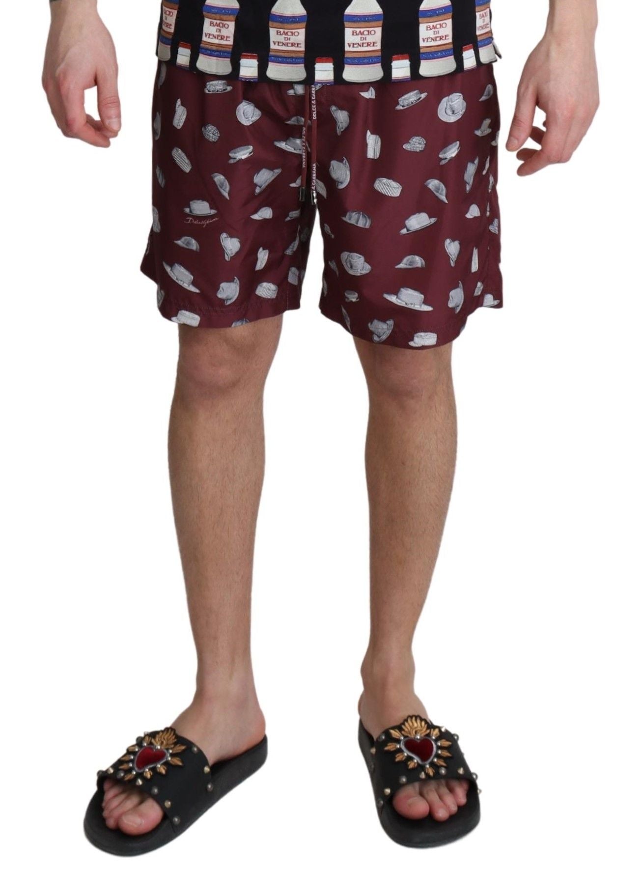 Dolce & Gabbana Maroon Hats Print Beachwear Swim Shorts