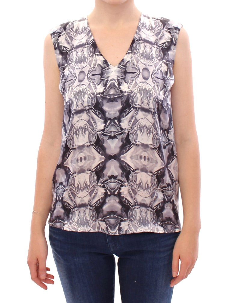 Arzu Kaprol Grey Blue Silk Sleeveless Top Shirt Blouse