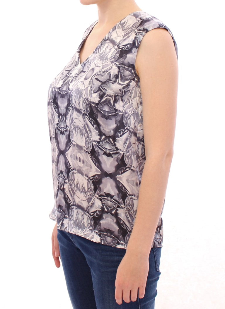 Arzu Kaprol Grey Blue Silk Sleeveless Top Shirt Blouse