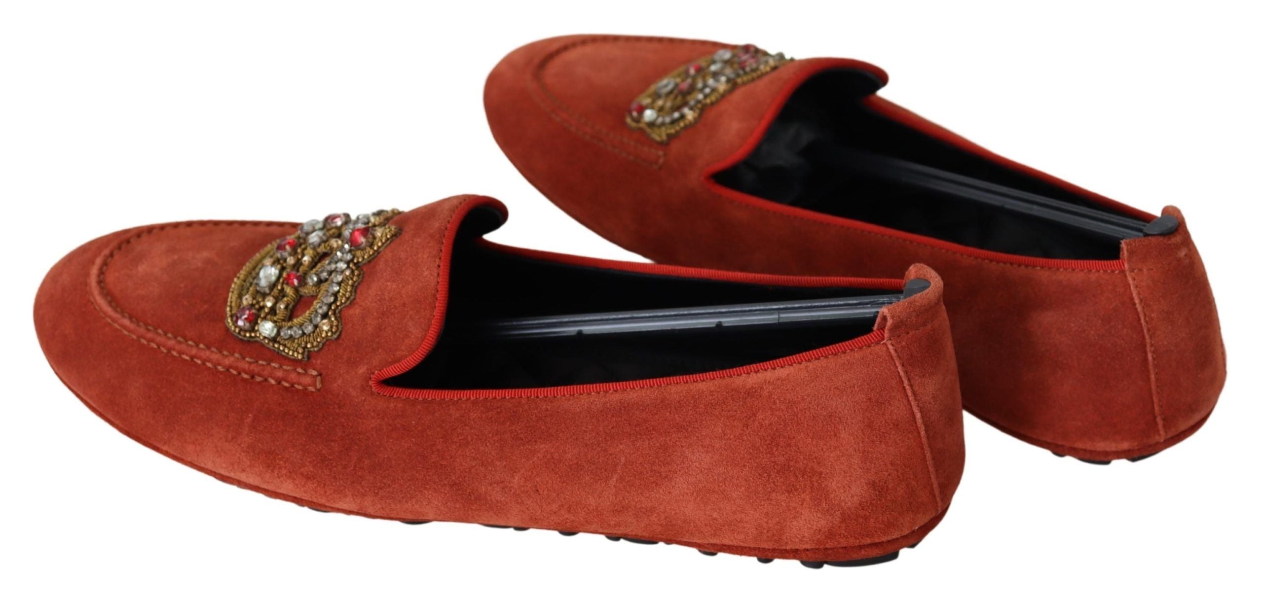 Dolce & Gabbana Orange Leder Crystal Crown Loafers Schuhe
