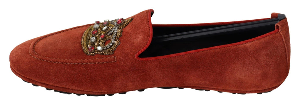 Dolce & Gabbana Orange Leder Crystal Crown Loafers Schuhe