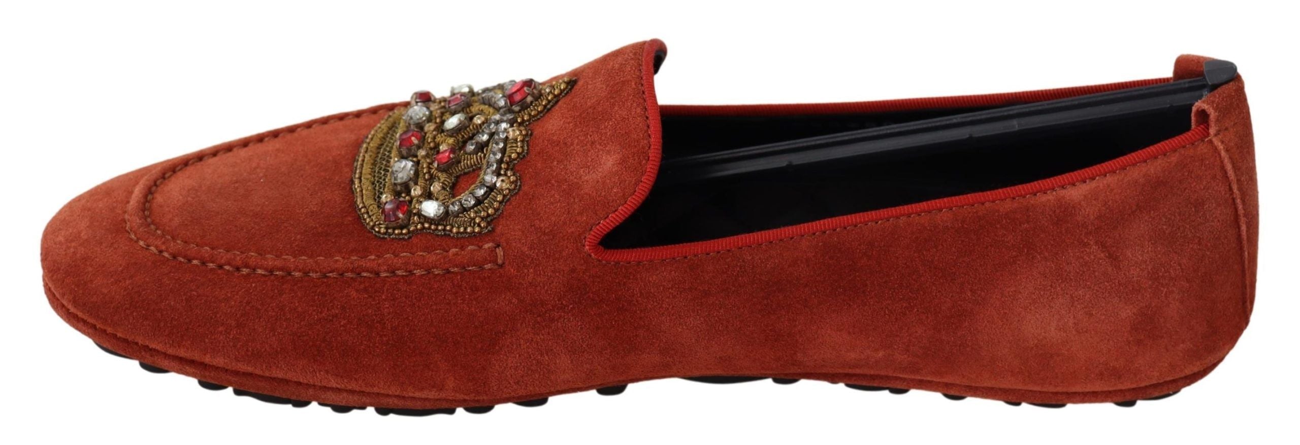 Dolce & Gabbana Orange Leder Crystal Crown Loafers Schuhe