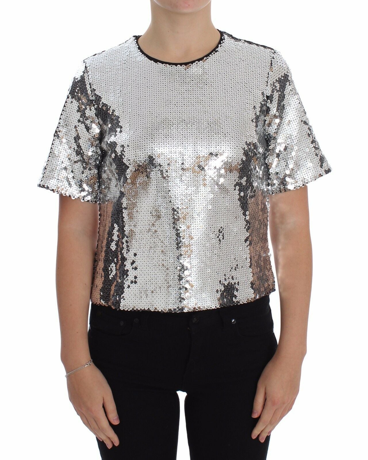 Dolce & Gabbana Silver Sequined Crew Neck T-Shirt Top