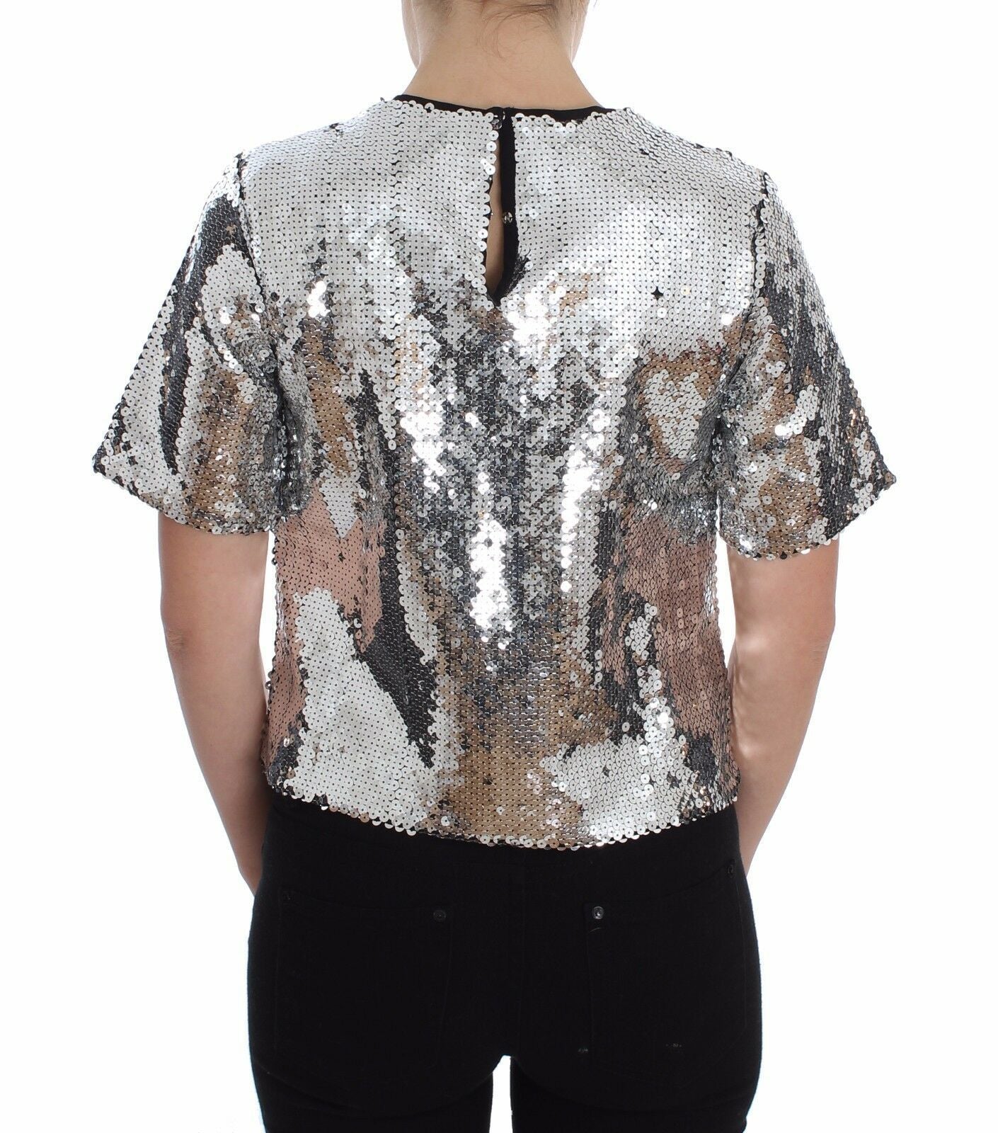 Dolce & Gabbana Silver Sequined Crew Neck T-Shirt Top