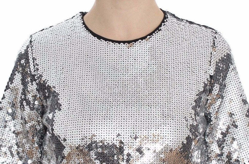 Dolce & Gabbana Silver Sequined Crew Neck T-Shirt Top