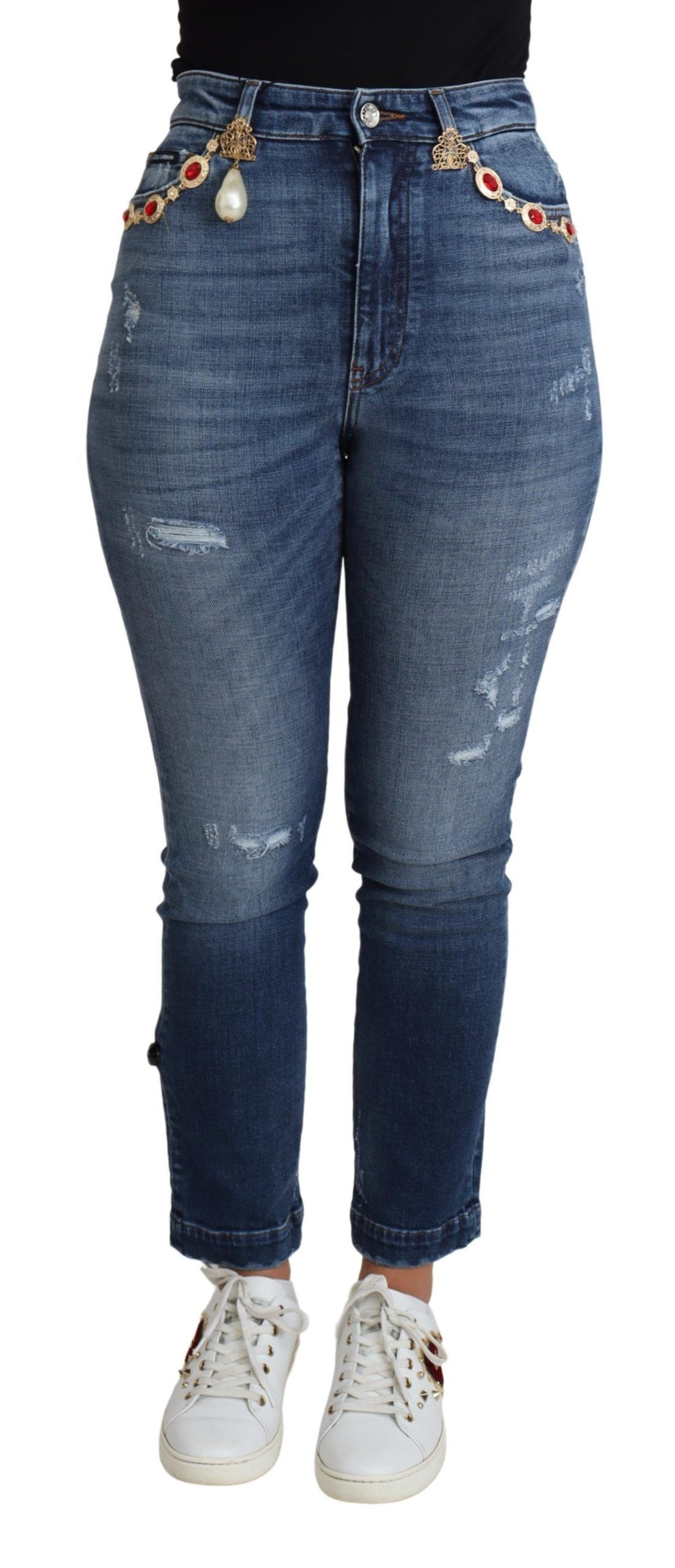 Dolce & Gabbana Blue Embellished Skinny Cotton Jeans