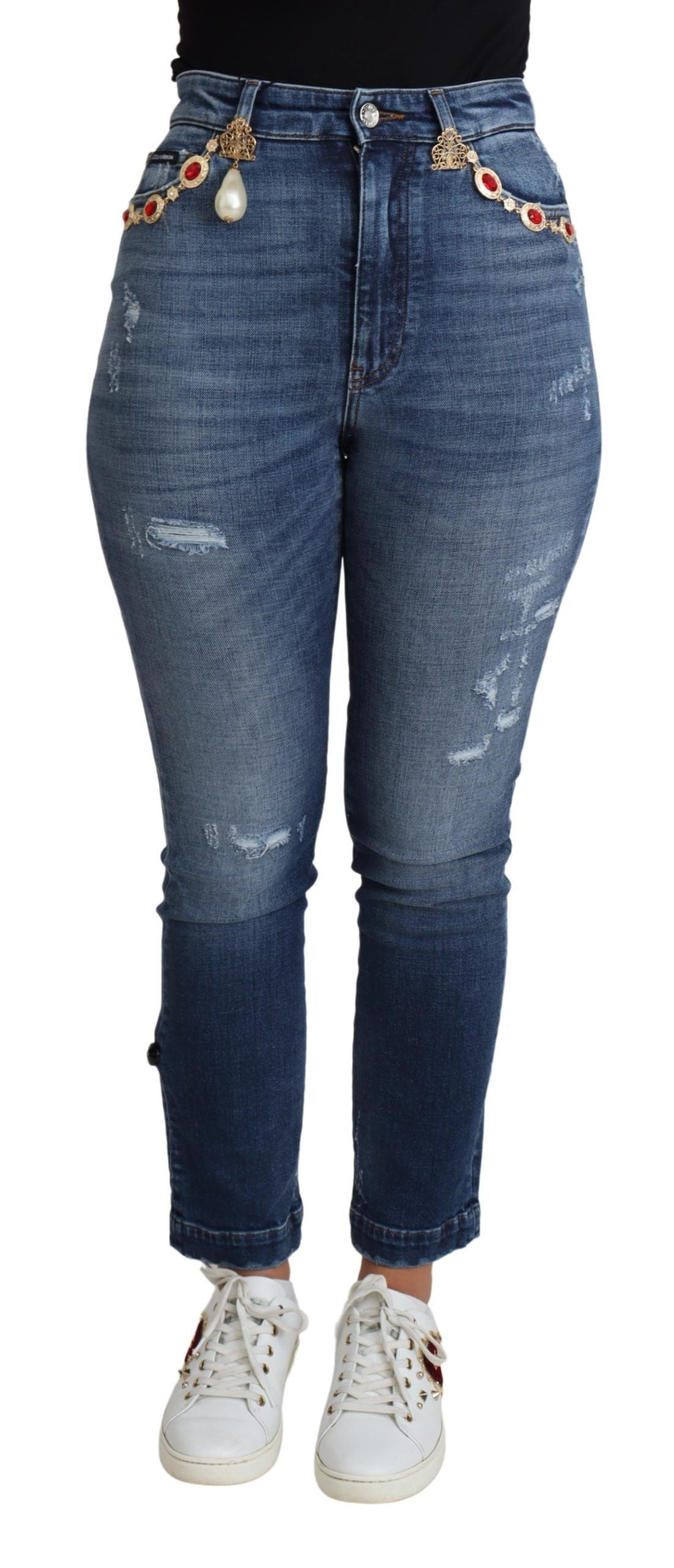 Dolce & Gabbana Blue Embellished Skinny Cotton Jeans