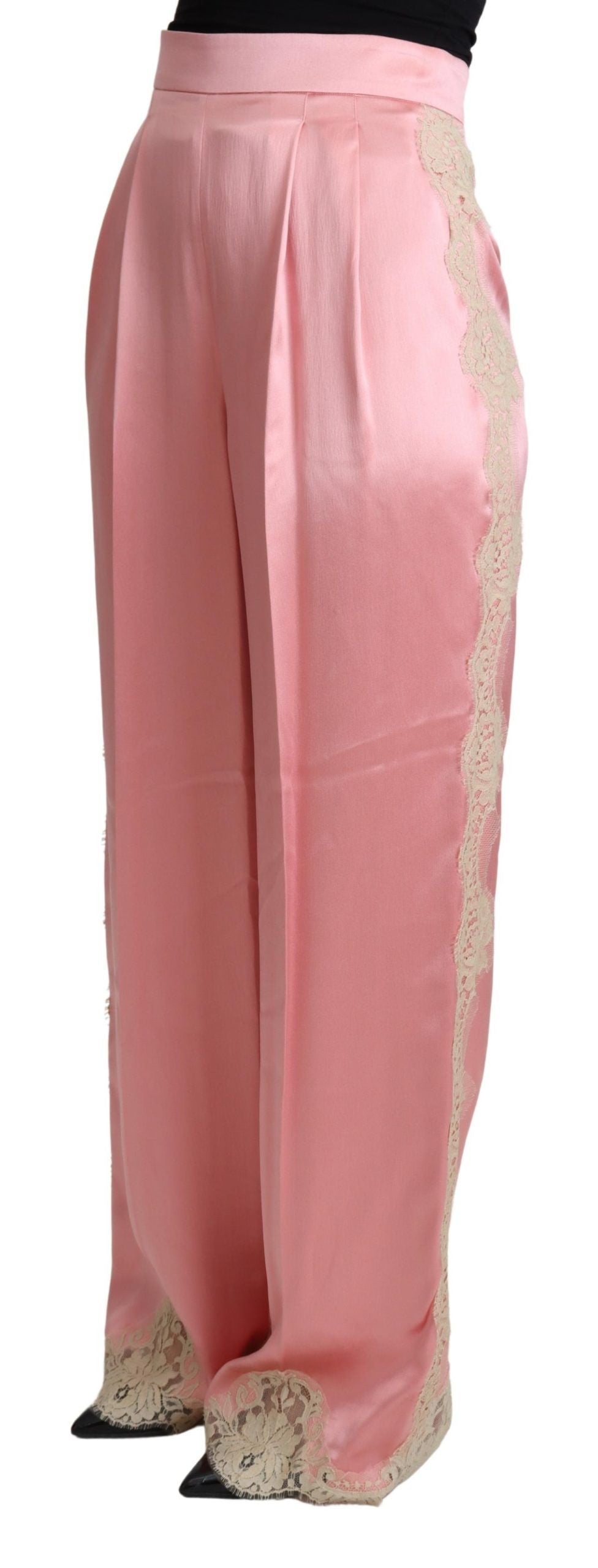 Dolce & Gabbana Pink Silk-Satin Lace-Trim Wide-Leg Trousers