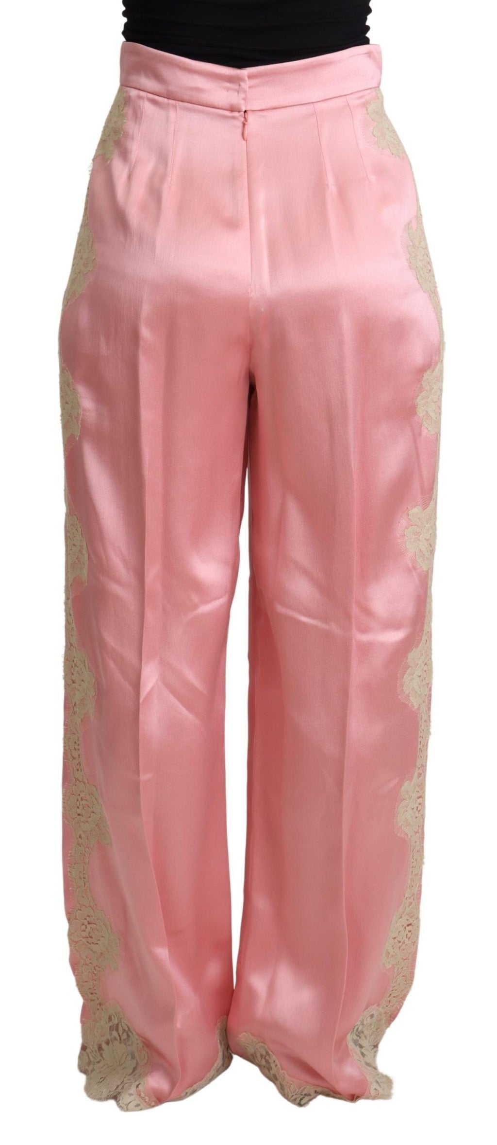 Dolce & Gabbana Pink Silk-Satin Lace-Trim Wide-Leg Trousers