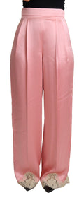 Dolce & Gabbana Pink Silk-Satin Lace-Trim Wide-Leg Trousers