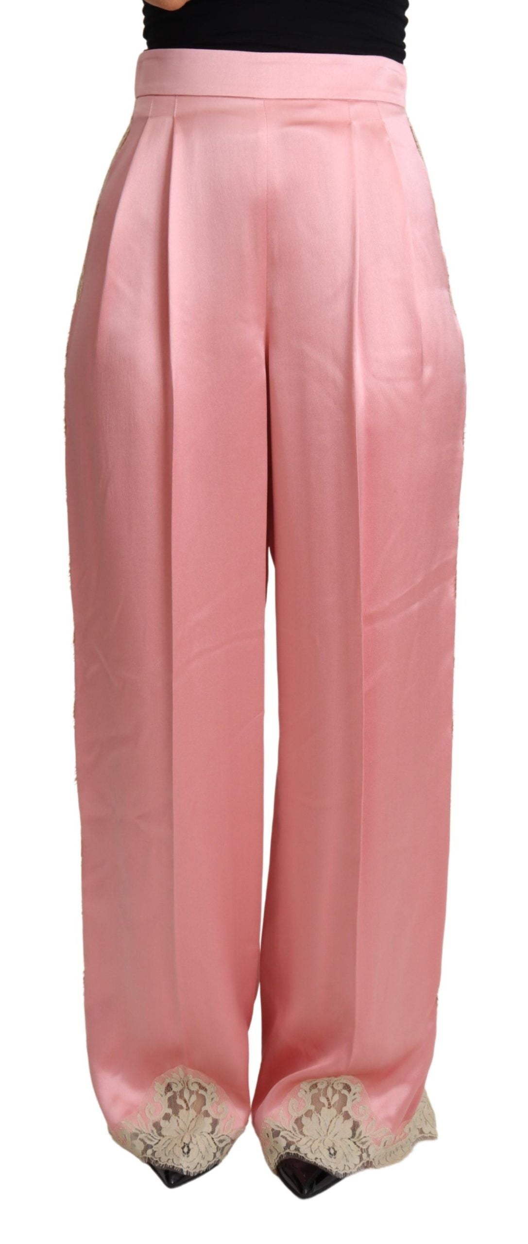 Dolce & Gabbana Pink Silk-Satin Lace-Trim Wide-Leg Trousers