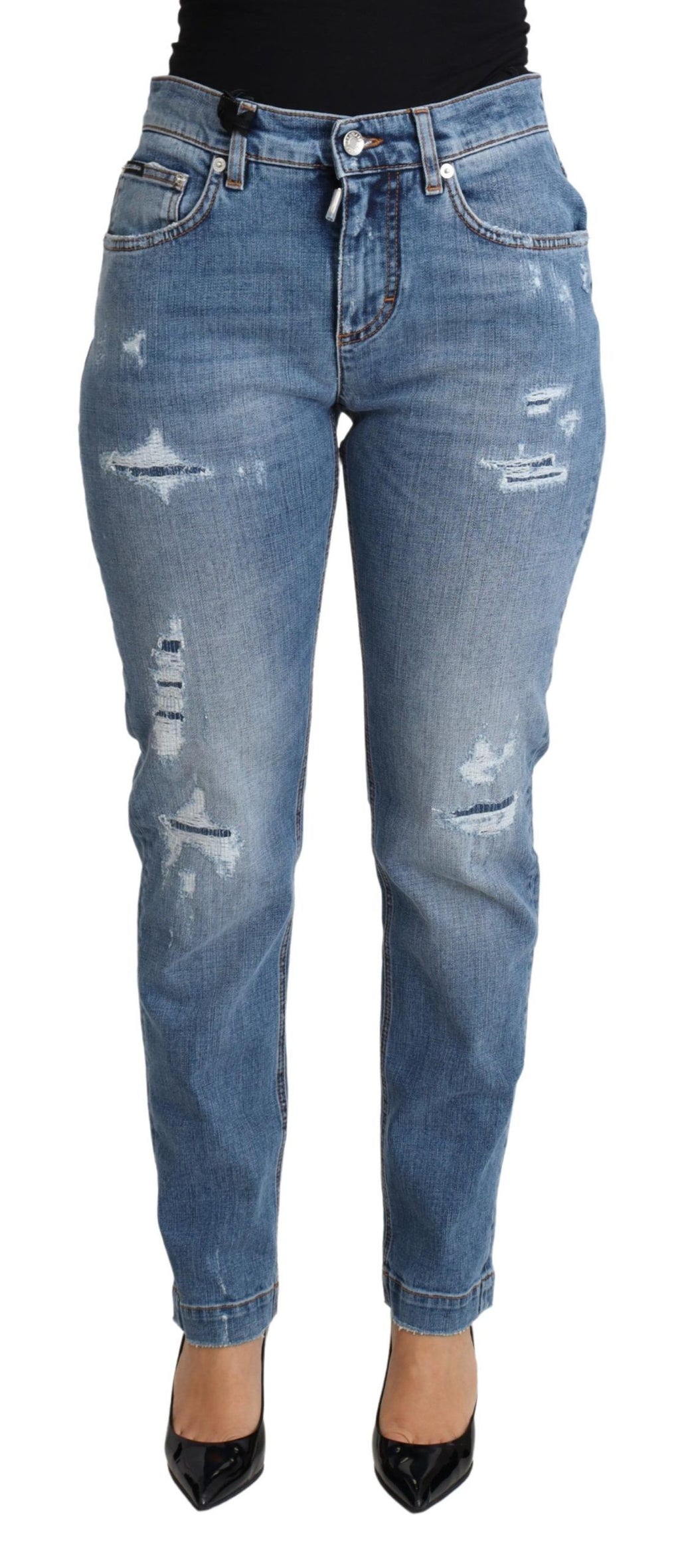 Dolce & Gabbana Blue Distressed Cotton-Blend Skinny Denim Jeans