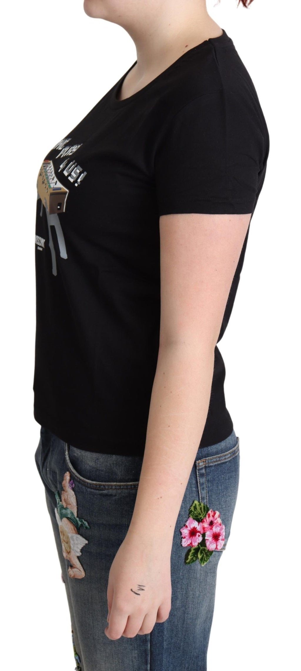 Moschino Black Cotton T-Shirt Come Play 4 Us Print Tops