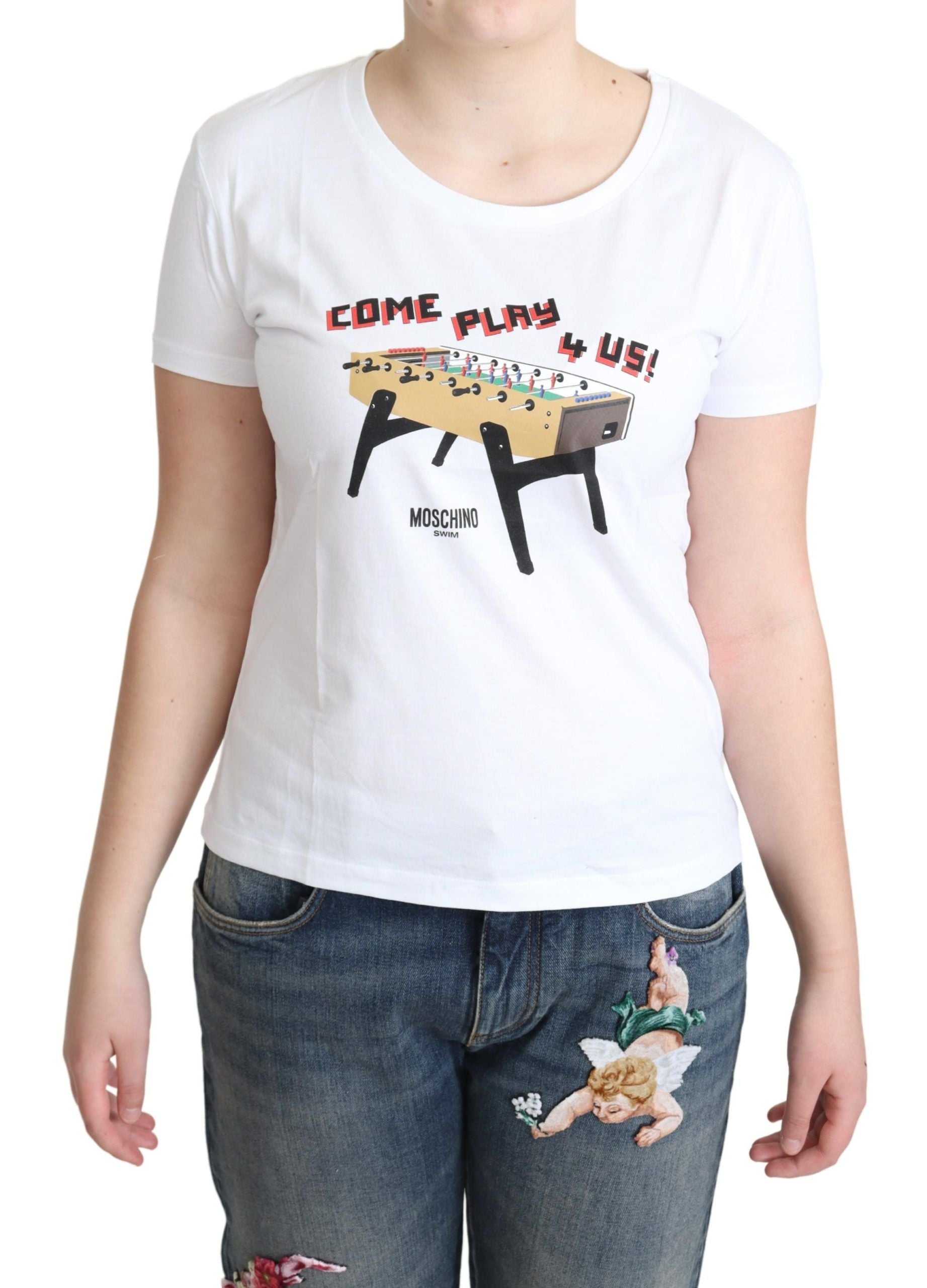 Moschino White Cotton T-Shirt Come Play 4 Us Print Tops