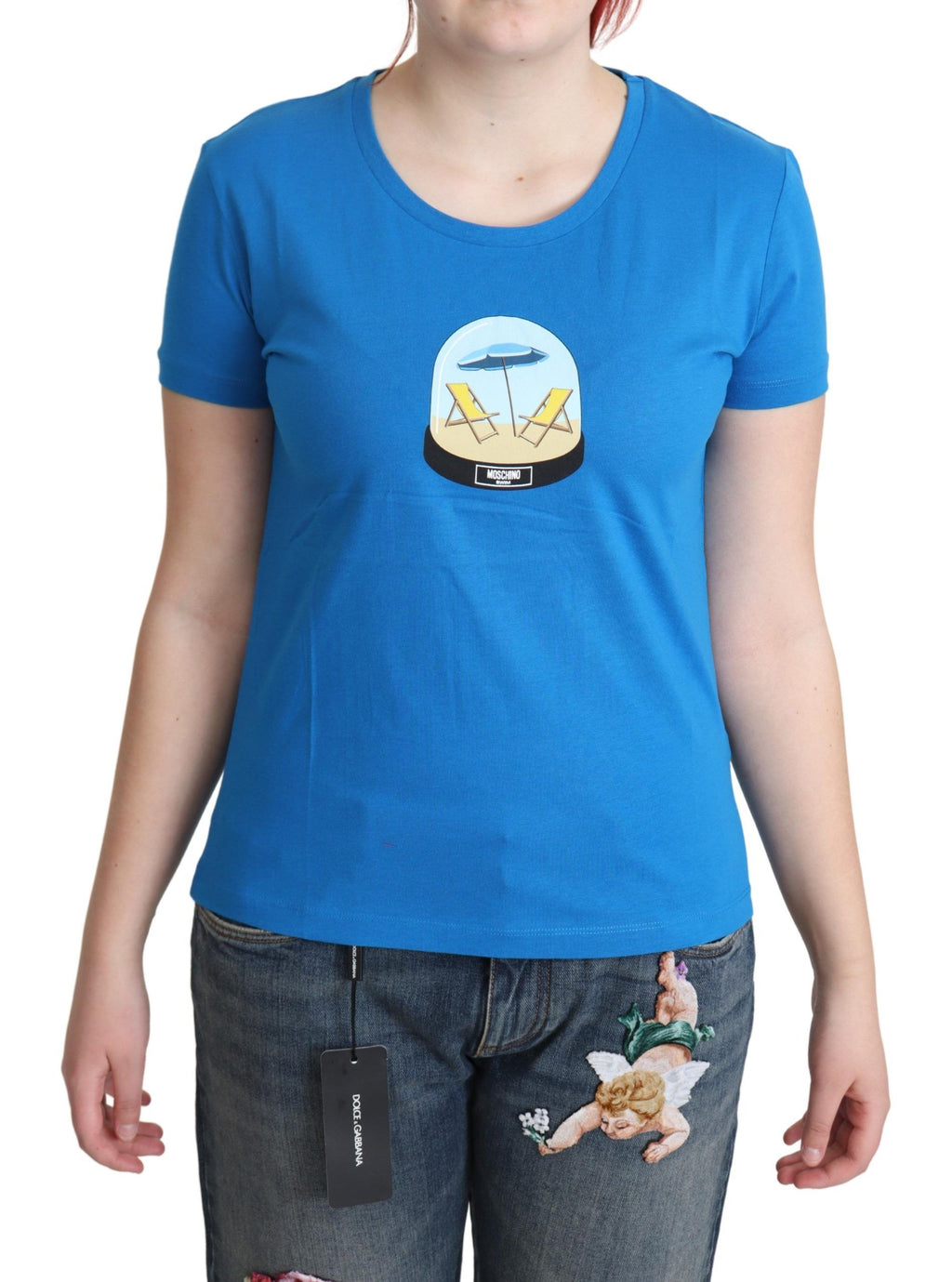 Moschino Blau bedrucktes Baumwoll-T-Shirt mit kurzen Ärmeln