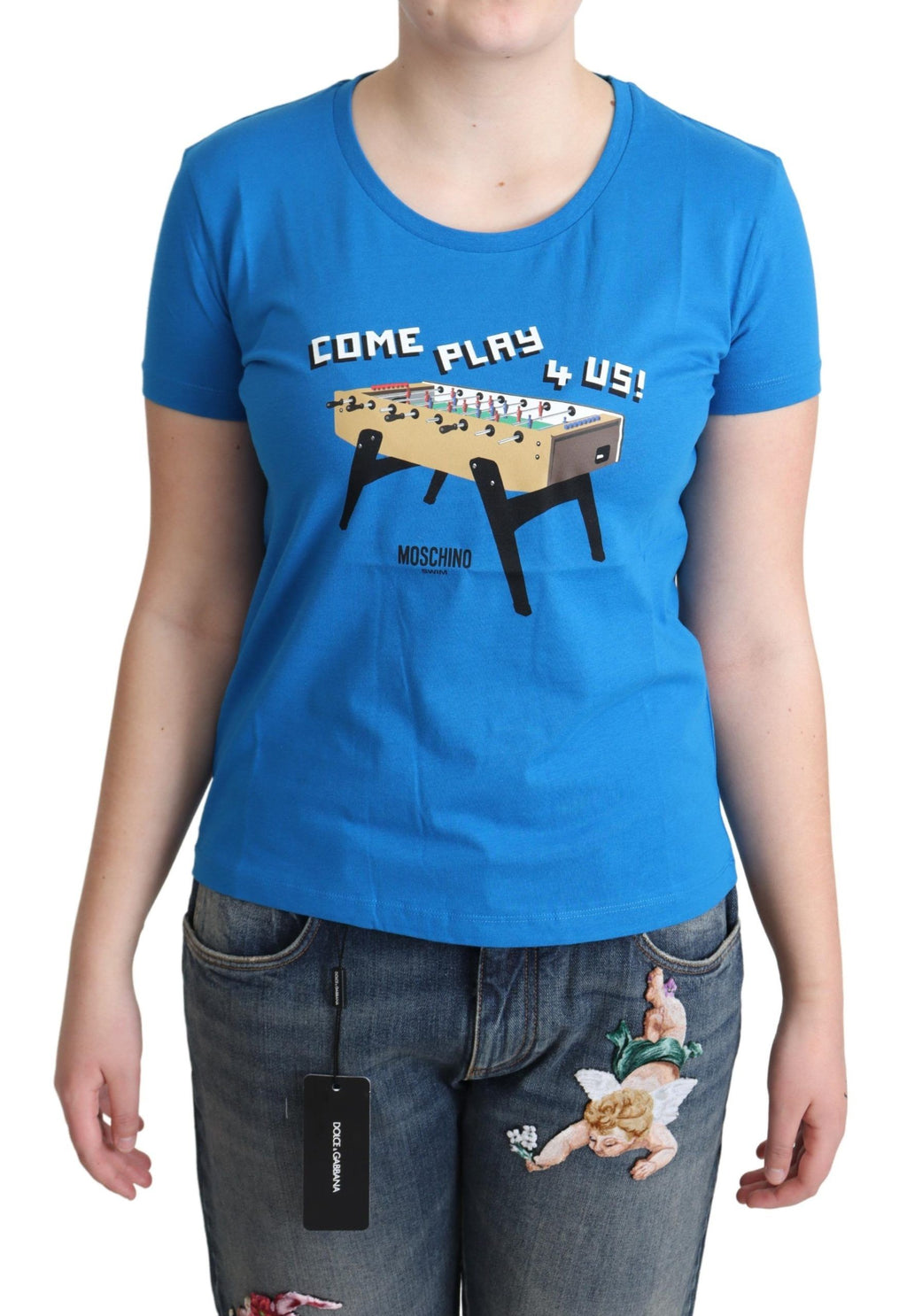 Moschino Blaues Baumwoll-T-Shirt Come Play 4 Us Print