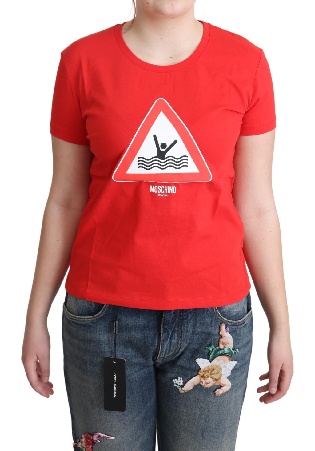 Moschino Red Cotton Swim T-Shirt with Triangle Print