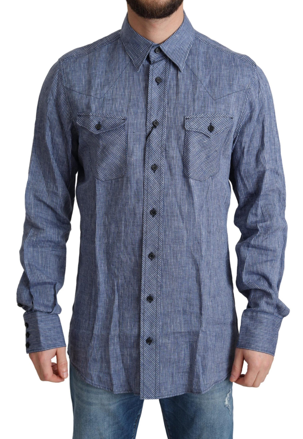 Dolce & Gabbana Blue Stripe Men's Casual Button Down Shirt