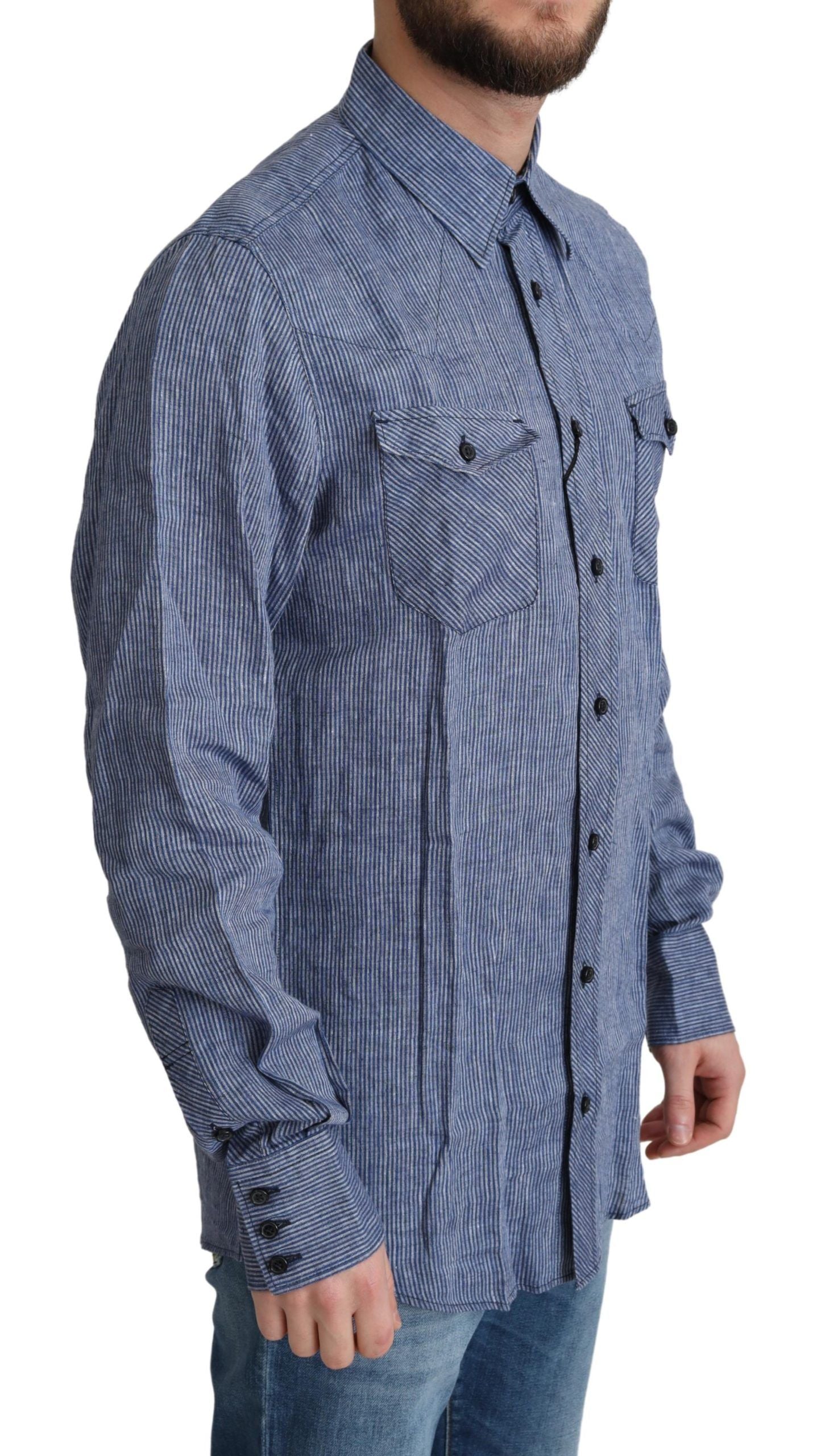 Dolce & Gabbana Blue Stripe Men's Casual Button Down Shirt