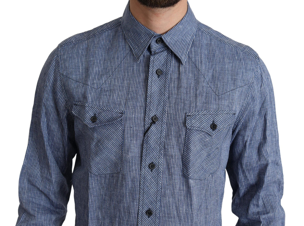 Dolce & Gabbana Blue Stripe Men's Casual Button Down Shirt