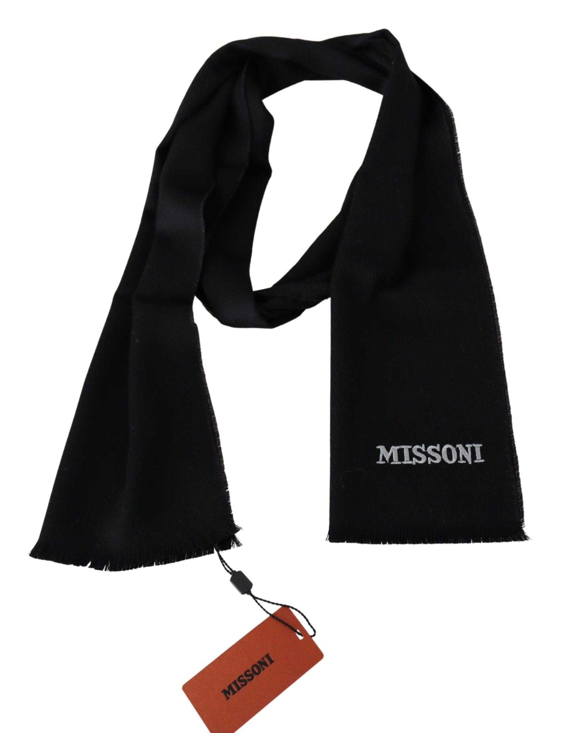 Missoni Black 100% Wool Unisex Neck Wrap Fringe Logo Scarf