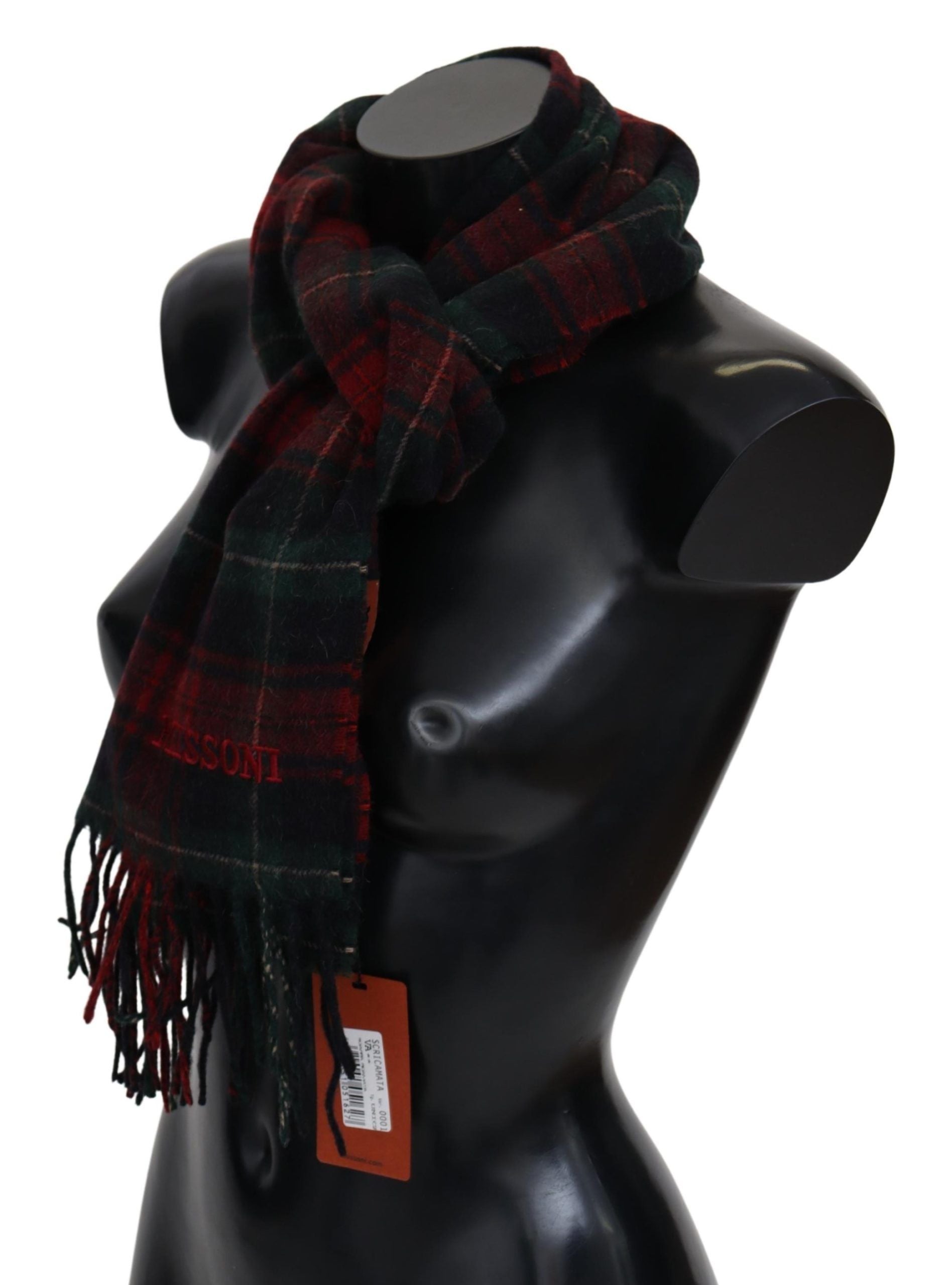 Missoni Black Red Plaid Wool Unisex Neck Wrap Fringe Scarf