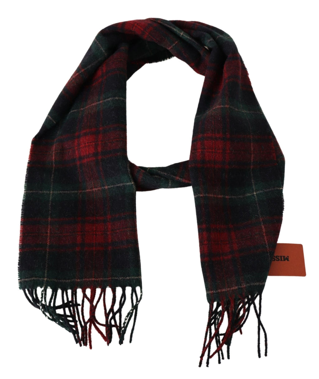 Missoni Black Red Plaid Wool Unisex Neck Wrap Fringe Scarf