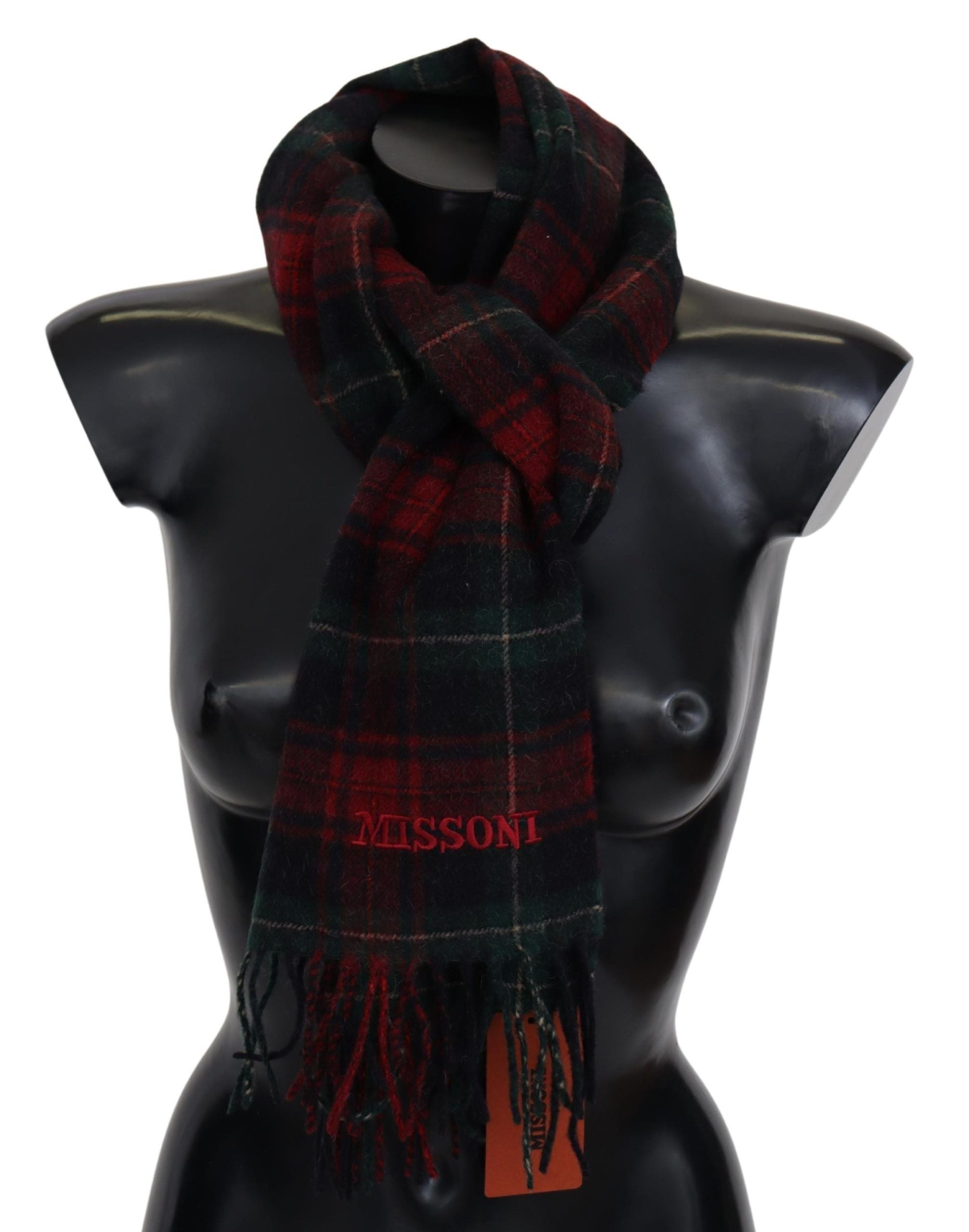 Missoni Black Red Plaid Wool Unisex Neck Wrap Fringe Scarf