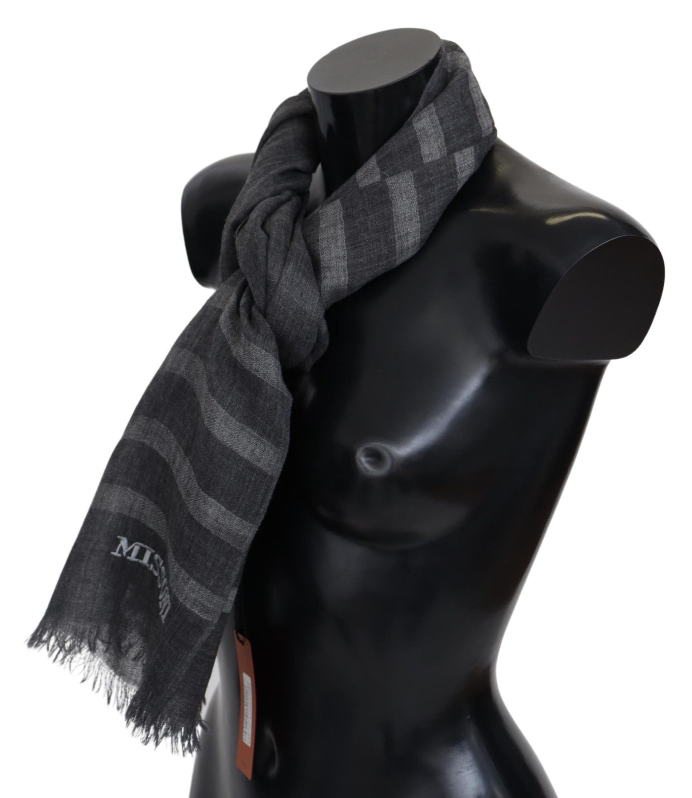 Missoni Grauer gestreifter Wollschal Unisex Halswickel Fransenschal